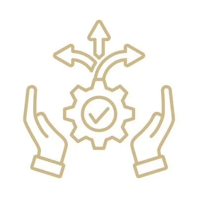 Line drawing of two hands holding a gear with a check mark inside, with arrows pointing in multiple directions above the gear.