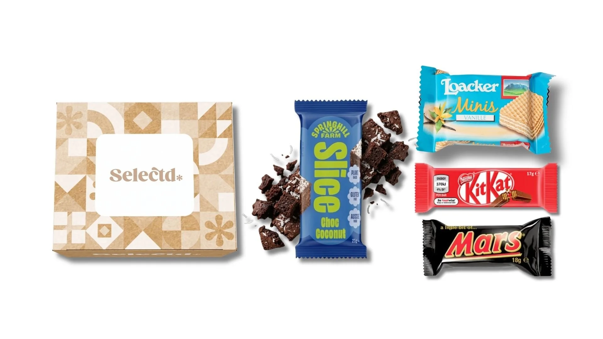 A sweet treat for me assortment of snack foods including a box of Mixed Selection, a package of Springhill Farm choc coconut slice, a pack of Loacker Minis vanilla wafers, a Kit Kat chocolate bar, and a Mars chocolate bar.