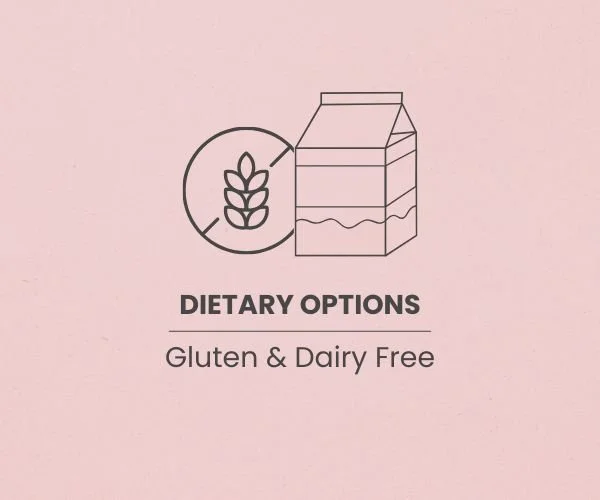 Graphic of a milk carton with a wheat icon and text indicating dietary options for gluten and dairy free.