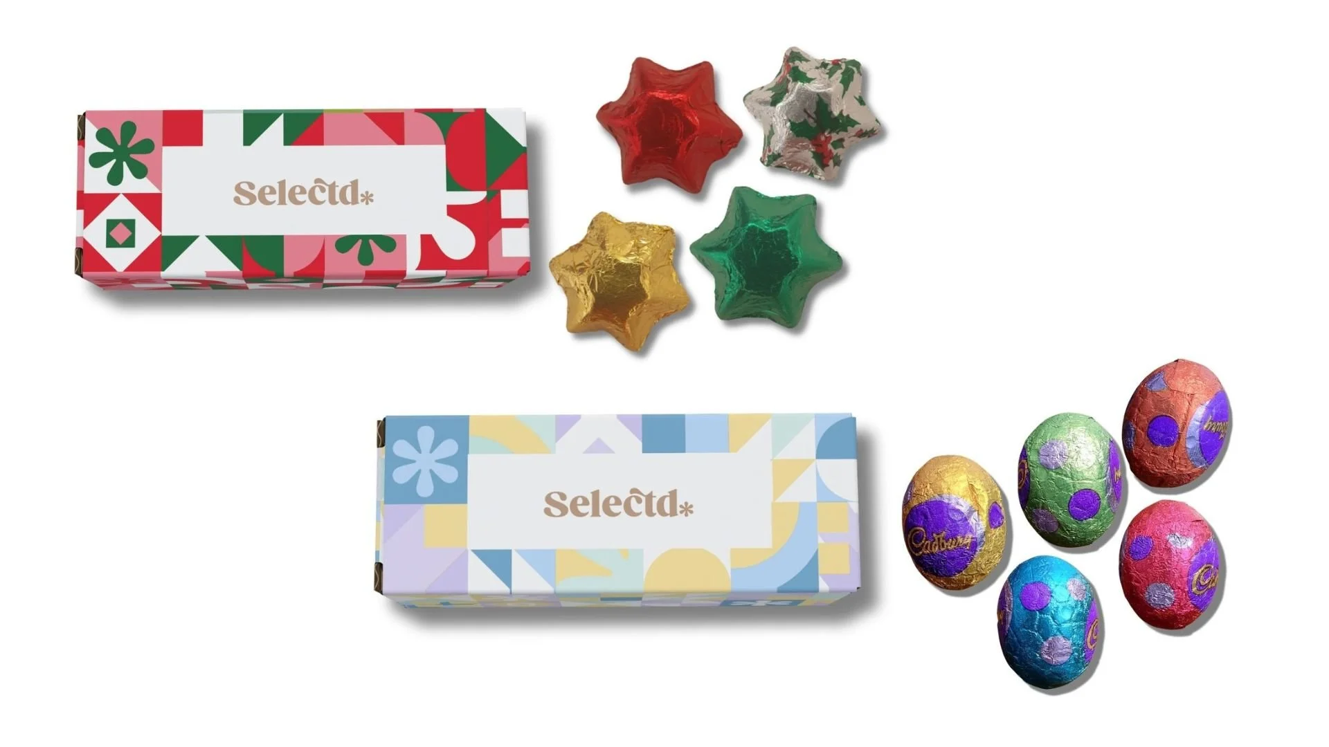 Two boxes of Selecta brand chocolate eggs, one with a red, green, and pink holiday design, and the other with a pastel-colored design, along with five foil-wrapped chocolate eggs in various bright colors with patterns