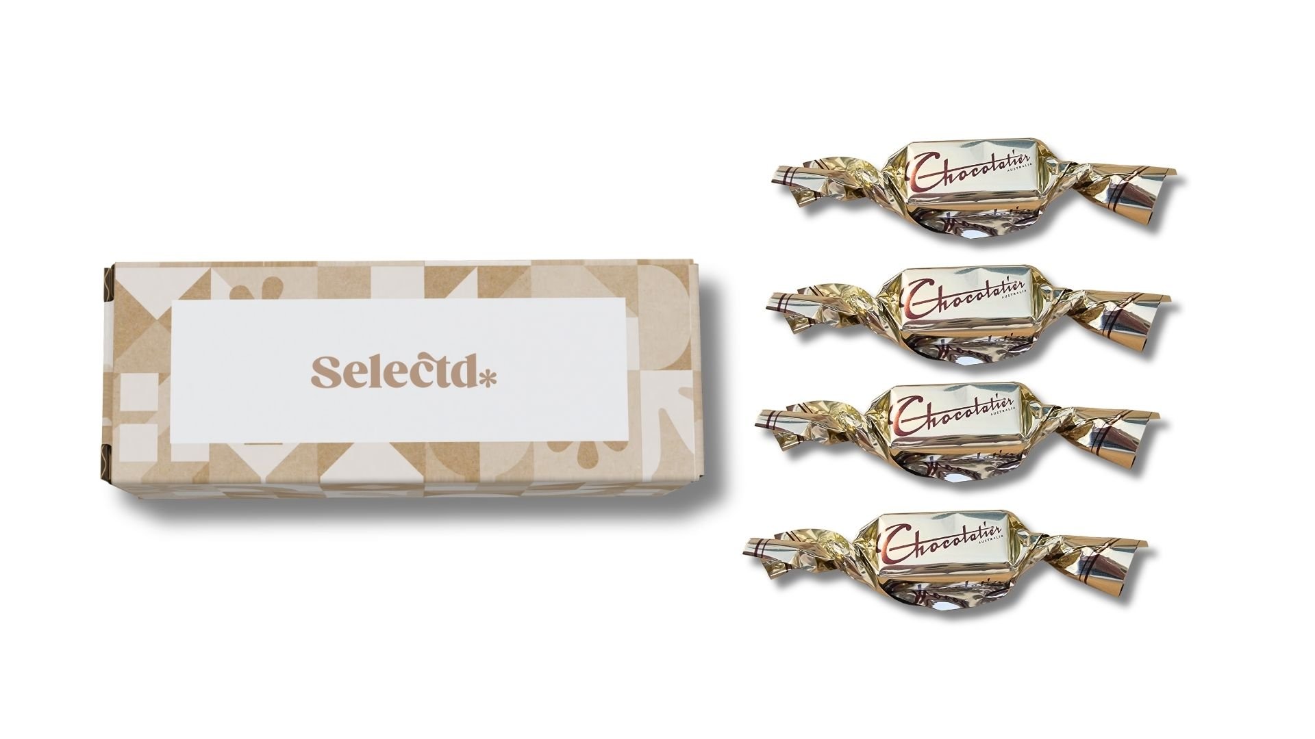 A rectangular box with the word 'Selectd' on the front, and four wrapped chocolates labeled 'Chocotat' arranged vertically to the right of the box.