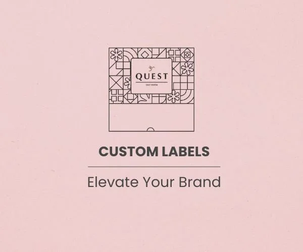 Pink background with a black outline illustration of a box of Quest brand toast perfume at the top, and text that reads "CUSTOM LABELS" in bold, followed by "Elevate Your Brand".