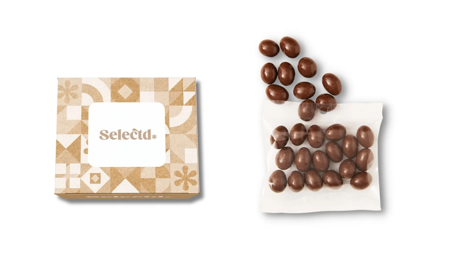 A box of Select chocolate-covered almonds and a clear plastic bag with additional almonds spilled out.