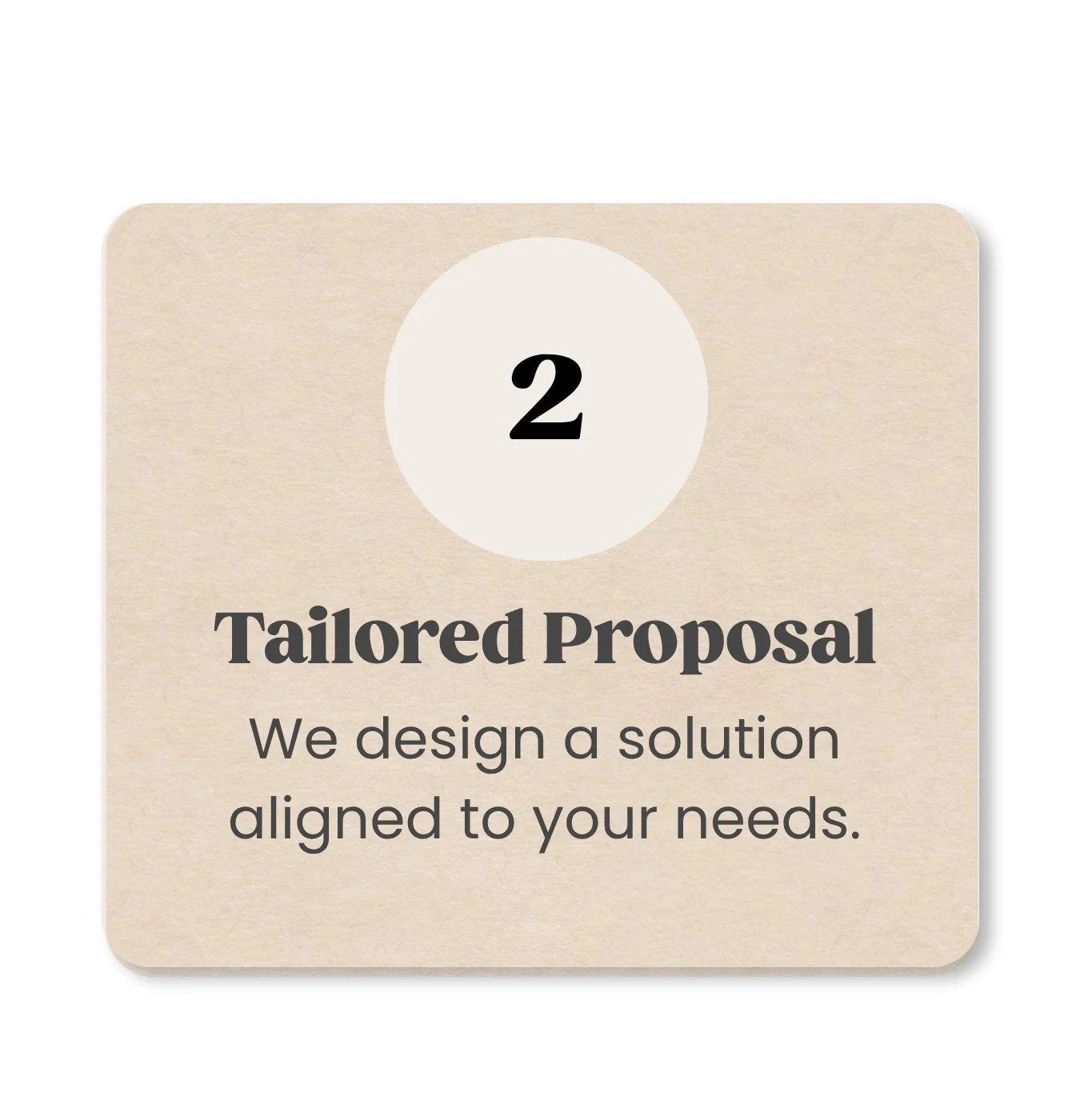 Card with a large number 2 in a circle, titled 'Tailored Proposal' with the subtitle 'We design a solution aligned to your needs'.