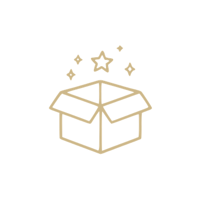 Open cardboard box with sparkles or stars above it, indicating a surprise or something magical.