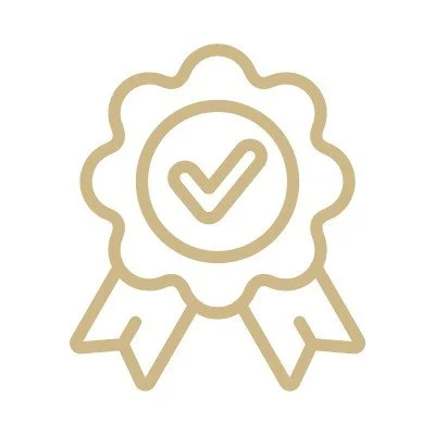 A beige award ribbon with a checkmark inside a circle in the center.