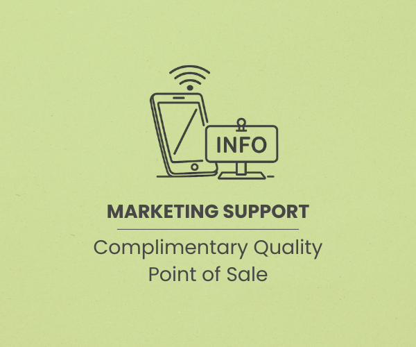 Green background with a black and white outline of a smartphone and a monitor displaying 'INFO,' with text promoting marketing support, complimentary quality, and point of sale.