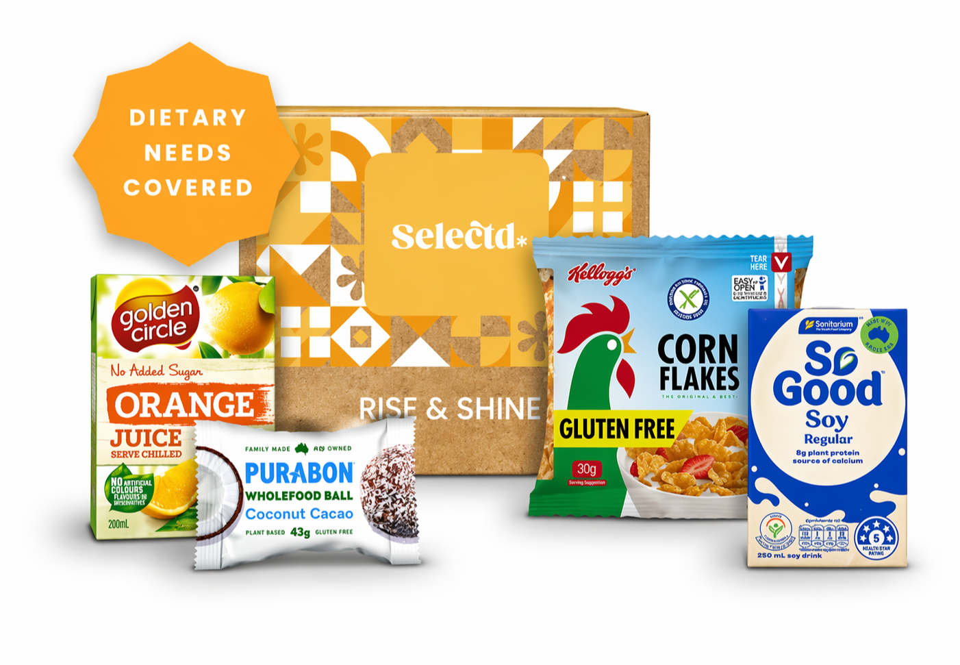 A sustainable box labeled 'Selectd Rise & Shine' surrounded by various packaged food items including Golden Circle orange juice, Purabon coconut cacao bar, Kellogg's Corn Flakes gluten-free cereal, and So Good soy drink.