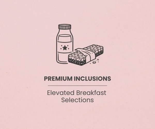Illustration of a bottle and a granola bar on a pink background with text 'Premium Inclusions' and 'Elevated Breakfast Selections'.