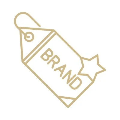 A gold outline of a gift tag with a star attached, labeled 'BRAND'