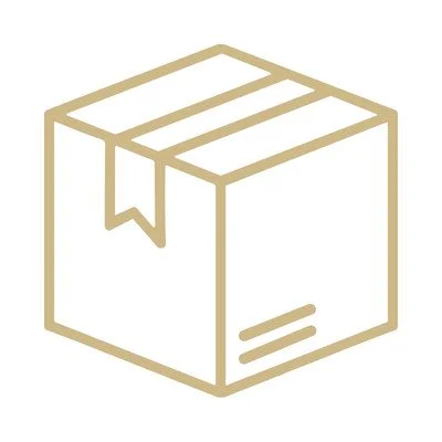 Line drawing of a cardboard box with tape and shipping label.