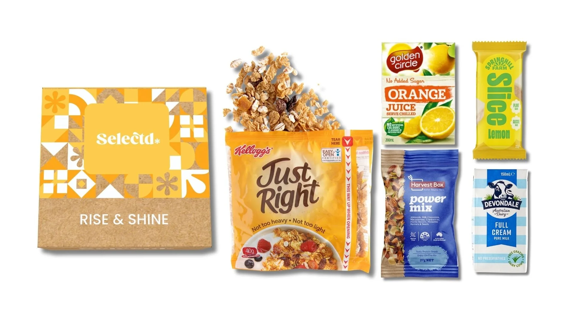 An assortment of breakfast items including a cereal box labeled 'Selecta Rise & Shine,' granola, orange juice, lemon snack pack, power mix trail mix, full cream milk, and a small cereal box.