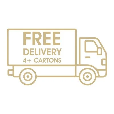 Outline of a delivery truck with the words "FREE DELIVERY 4+ CARTONS" on the truck body.