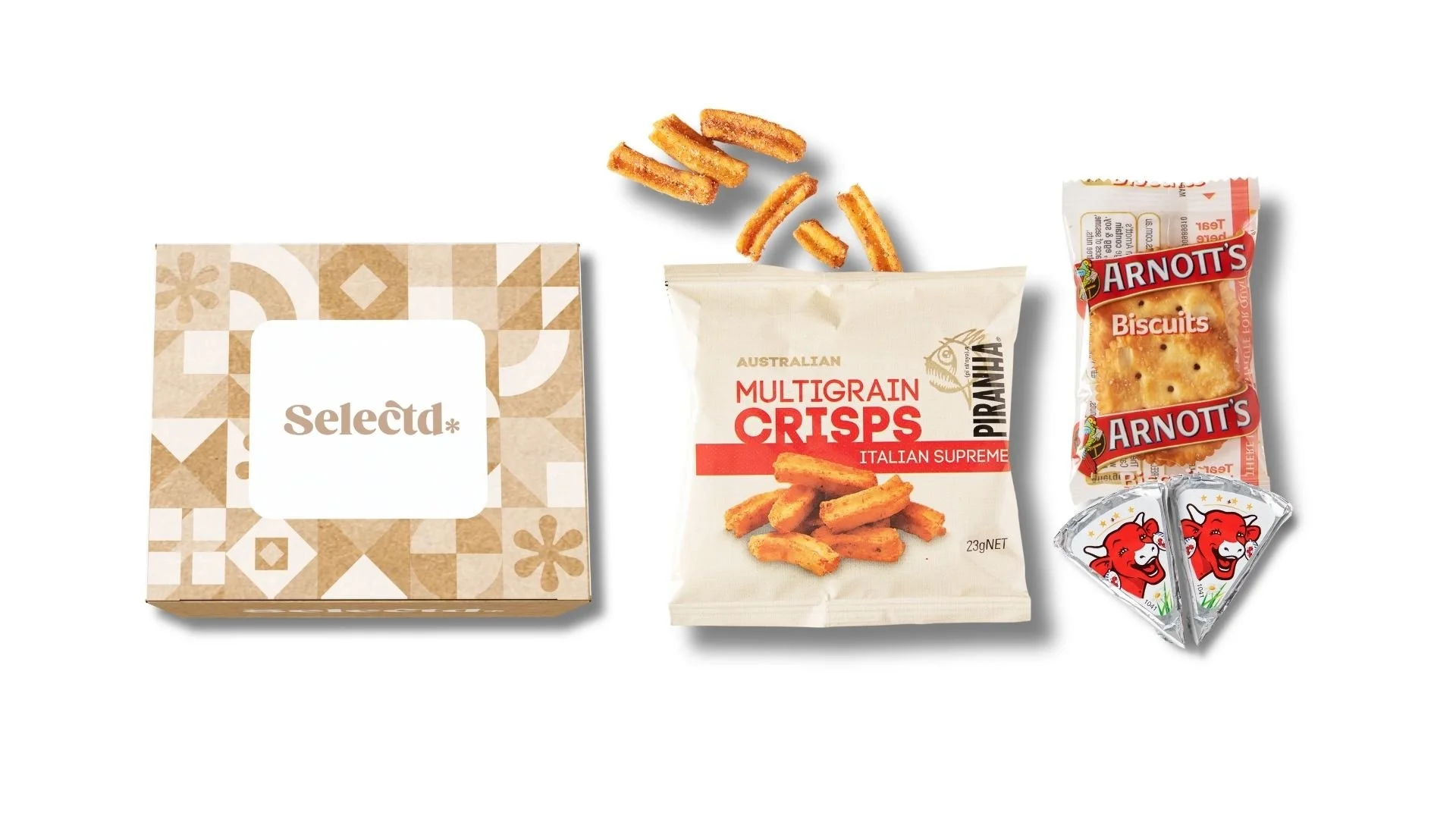 A Selectd Cheese & Crackers pack comprising a cardboard recycled box, a bag of multigrain crisps labeled 'Italian Supreme,' a small packet of Arnott's biscuits, and two small portions of cheddar cheese.