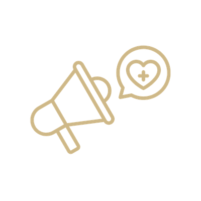 Icon of a megaphone and a speech bubble with a heart and a smaller heart inside
