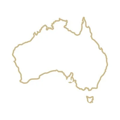 Outline map of Australia in gold color on a white background.