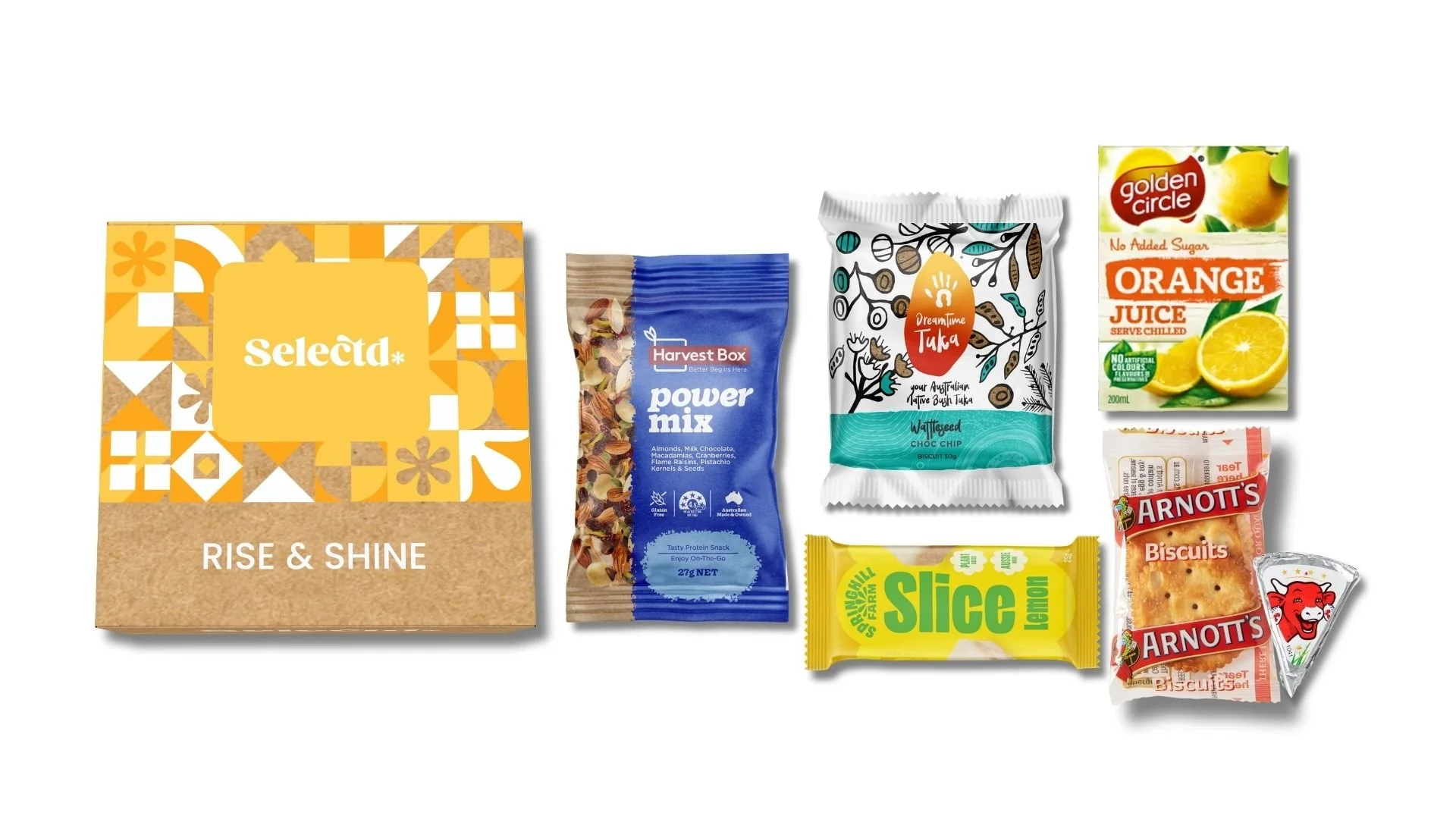 Collection of snack and beverage items including a box of Selecta Rise & Shine cereal, a packet of Harvest Box power mix, a packet of Dreamtime Tuka wattleseed biscuit, a carton of Golden Circle orange juice, a packet of Arnott's biscuits, a slice of cake also from Arnott's, and a small container of Vegemite.