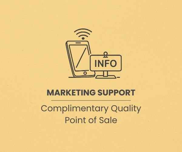 Promotional graphic advertising marketing support, offering complimentary quality point of sale, with an illustration of a smartphone and an info sign.