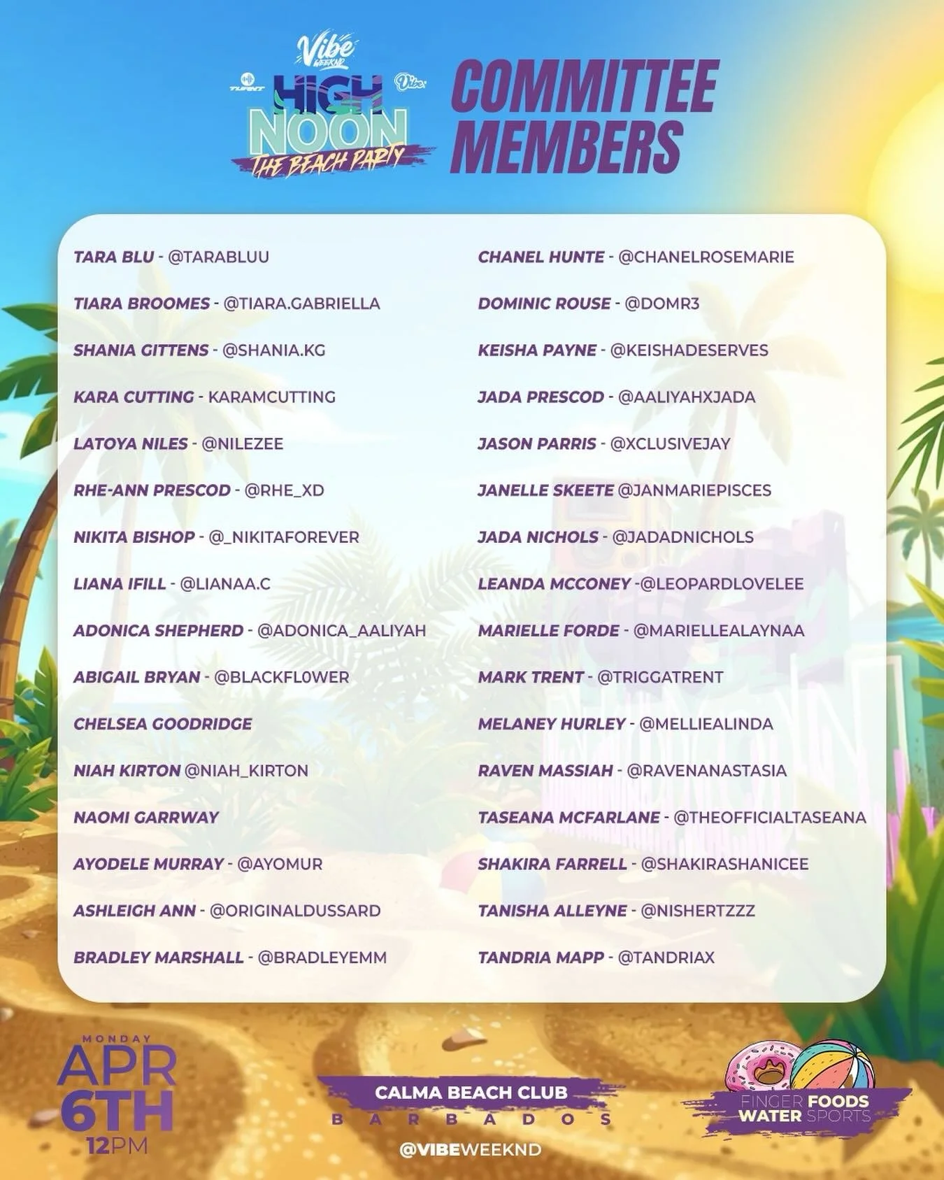 Get your tickets from any of the committee members listed🌊🏝️. This is not just a beach party&hellip;. It&rsquo;s pure vibes! 

💦- FREE water sports
📍- Calma Beach Club
🕑- 12 noon - 8pm
🥃- Fully stock bar with drink specials
🍾- Table &amp; Caba
