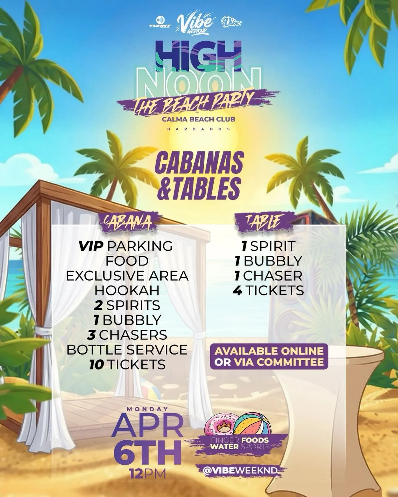 Level up your lime with a private cabana or table package🎉 Limited spots available.

💦- FREE water sports
📍- Calma Beach Club
🕑- 12 noon - 8pm
🥃- Fully stock bar with drink specials
🍾- Table &amp; Cabana Packages available

Lock in and grab you