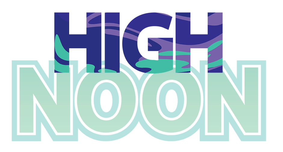 Stylized graphic text that reads 'NOON' with a colorful, abstract background.