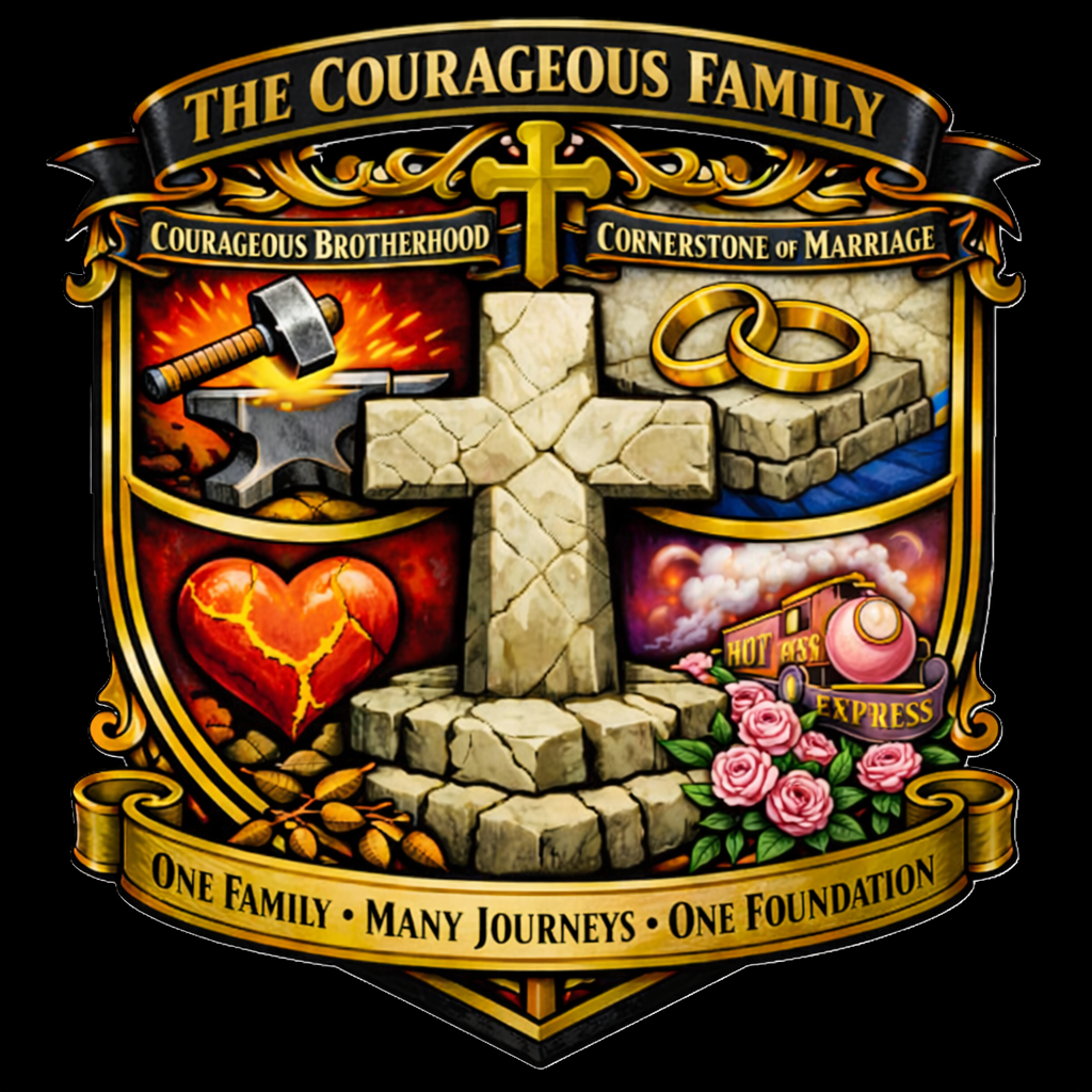 A family crest featuring a central stone cross, a hammer and anvil, wedding rings, a cracked heart, a steam train with roses, and a banner with the words 'One Family, Many Journeys, One Foundation.' The crest has gold accents and the top banner reads 'The Courageous Family' with additional phrases 'Courageous Brotherhood' and 'Cornerstone of Marriage.'
