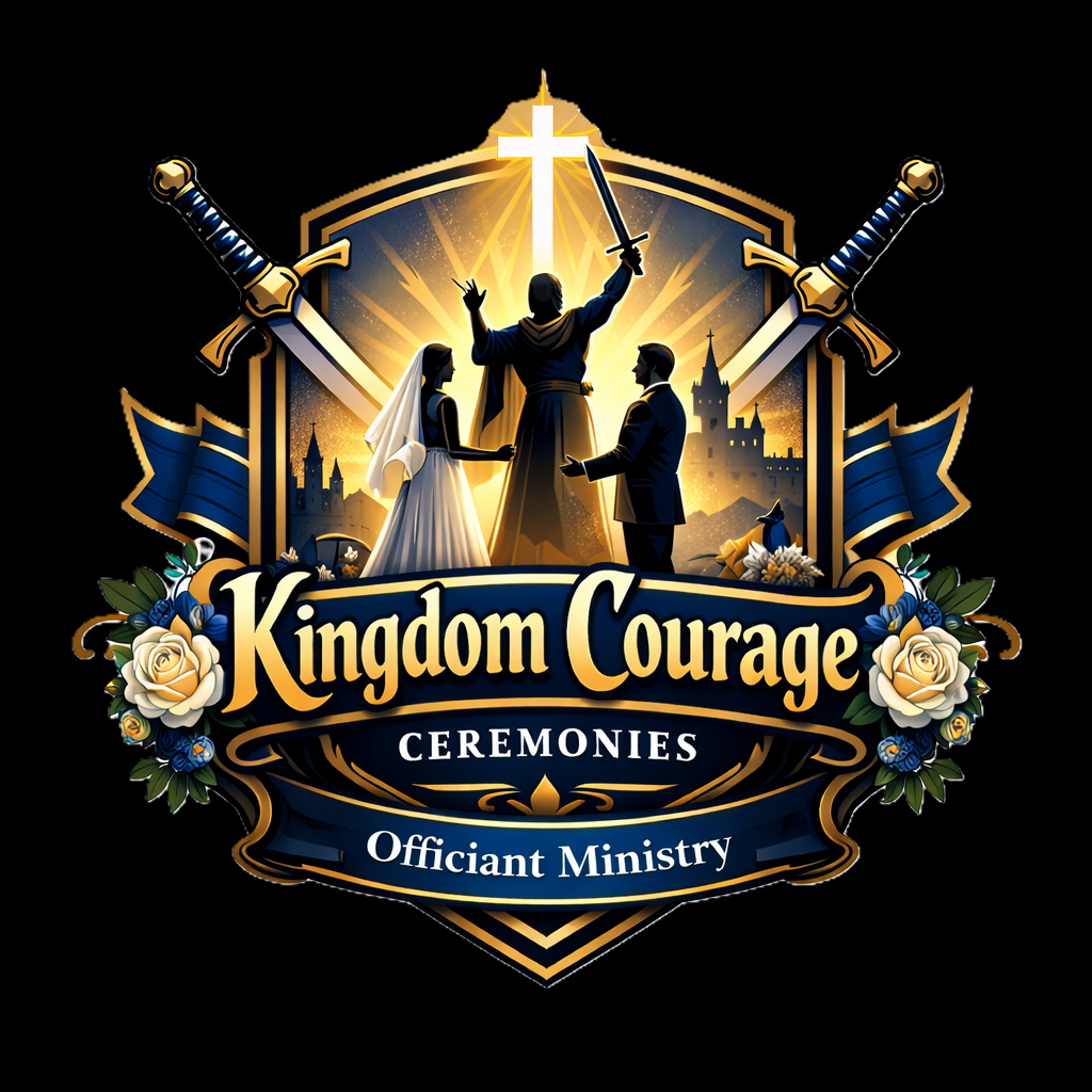 A logo for Kingdom Courage Ceremonies and Officiant Ministry featuring a medieval knight theme with a shield, swords, and a silhouette of a couple at a wedding altar, illuminated by a glowing cross at the top, surrounded by flowers and banners.