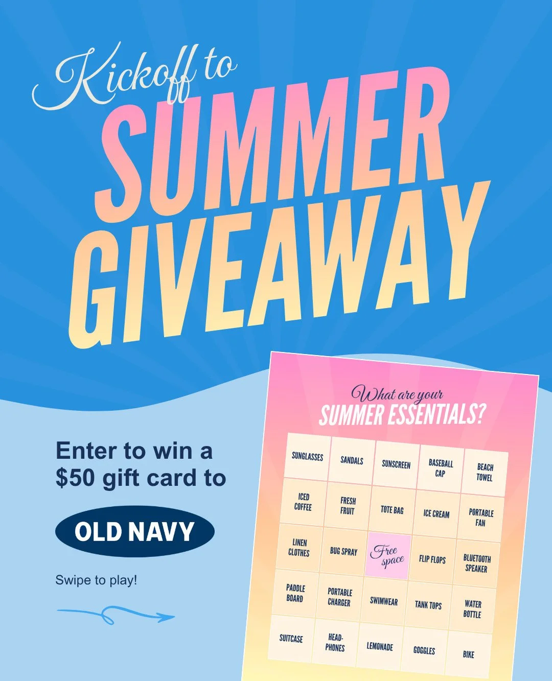 🎉 GIVEAWAY TIME! 🎉 We&rsquo;re kicking off summer with a chance to win a $50 gift card to @oldnavy.

To enter:
1. Like this giveaway post.
2. Follow us @wolfranchtowncenter
3. Comment your favorite summer essentials from the bingo board (second sli