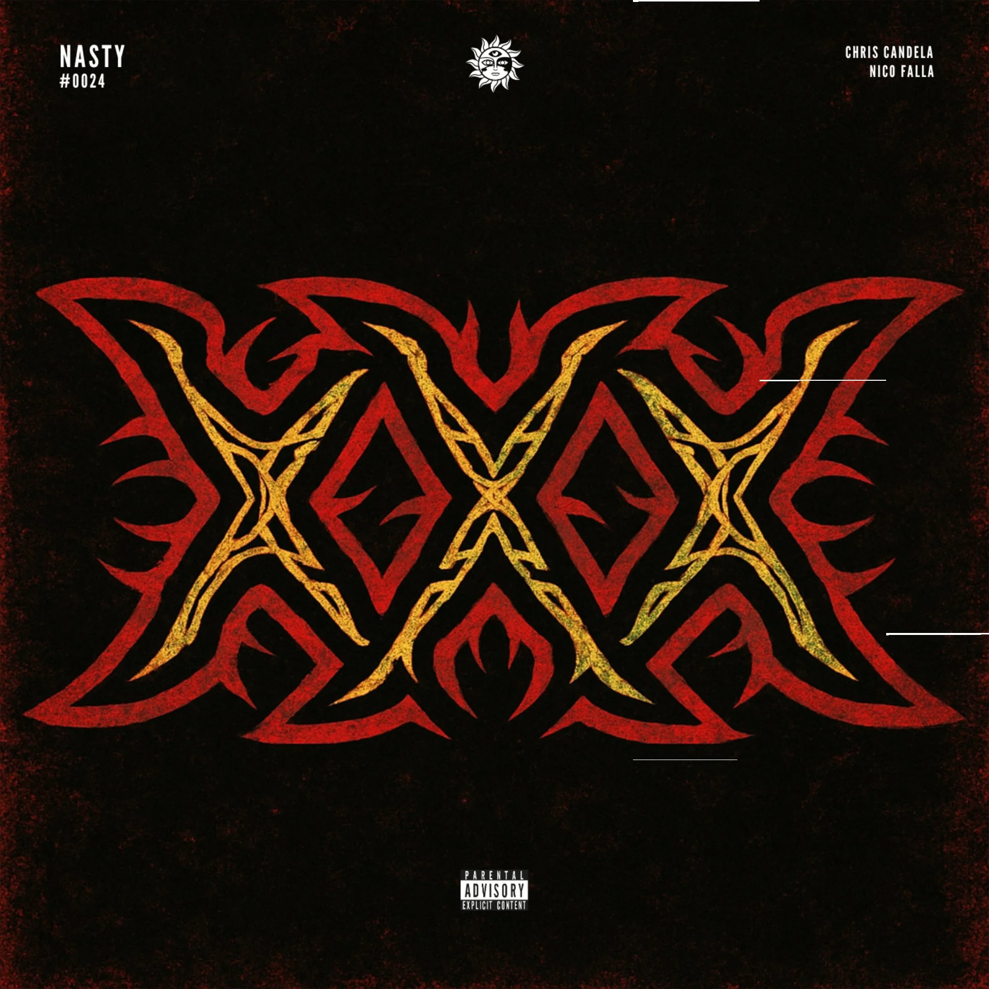 Dark album cover with a red and yellow intricate tribal-style butterfly and skull design. Top left corner labeled 'NASTY #0024'. Top right corner lists 'Chris Candela' and 'Nico Falla'. Bottom center features a parental advisory warning.