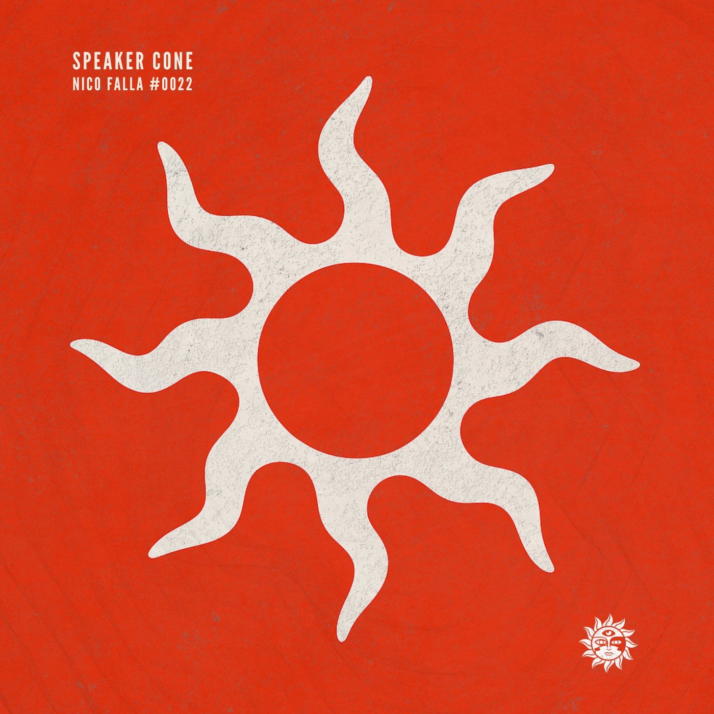 A minimalist graphic of a white sun with wavy rays on a red background, with text in the upper left corner that reads 'SPEAKER CONE NICO FALLA #0022' and a small stylized sun logo in the lower right corner.