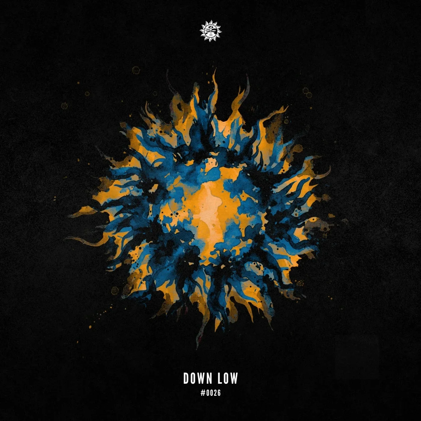 Abstract splash of orange and blue paint on black background with text 'DOWN LOW #0026' at the bottom.