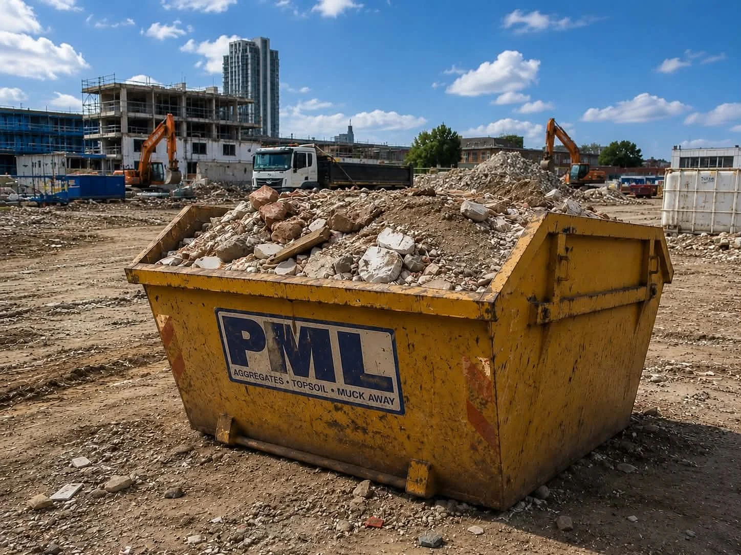 Construction site with a yellow skip container showing the Prospect Materials Ltd logo, filled with top soil, beside scaffolding, a crane and an excavator under a cloudy sky.