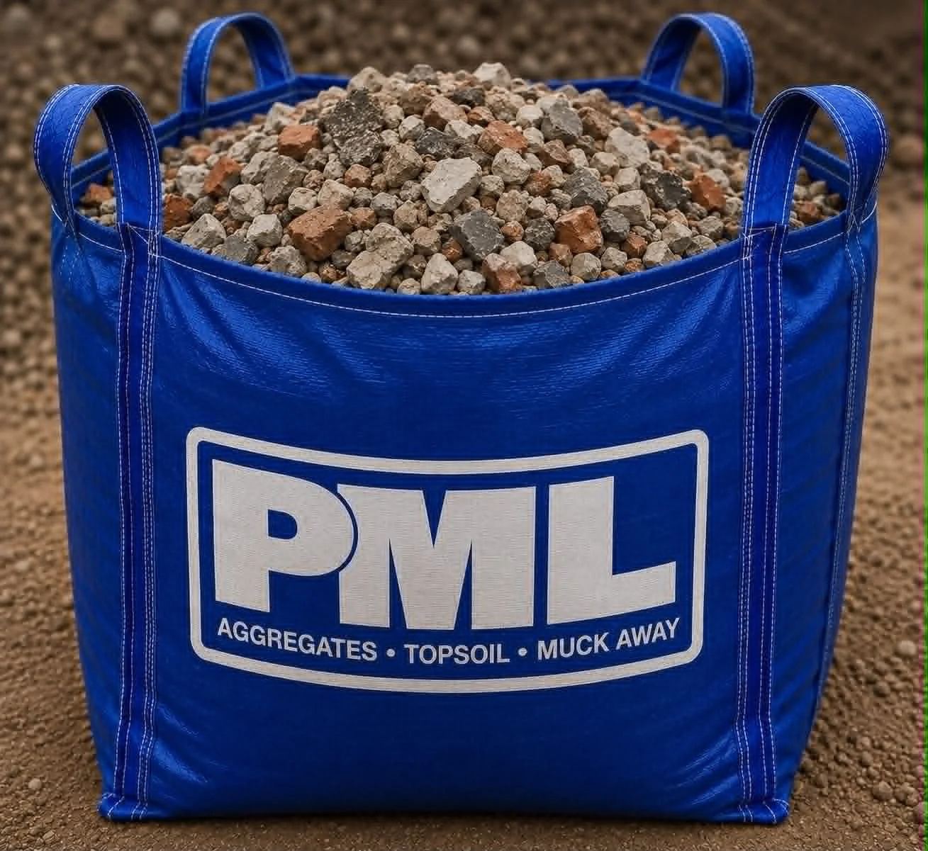 Blue bag filled with small gravel or crushed stones on a dirt surface