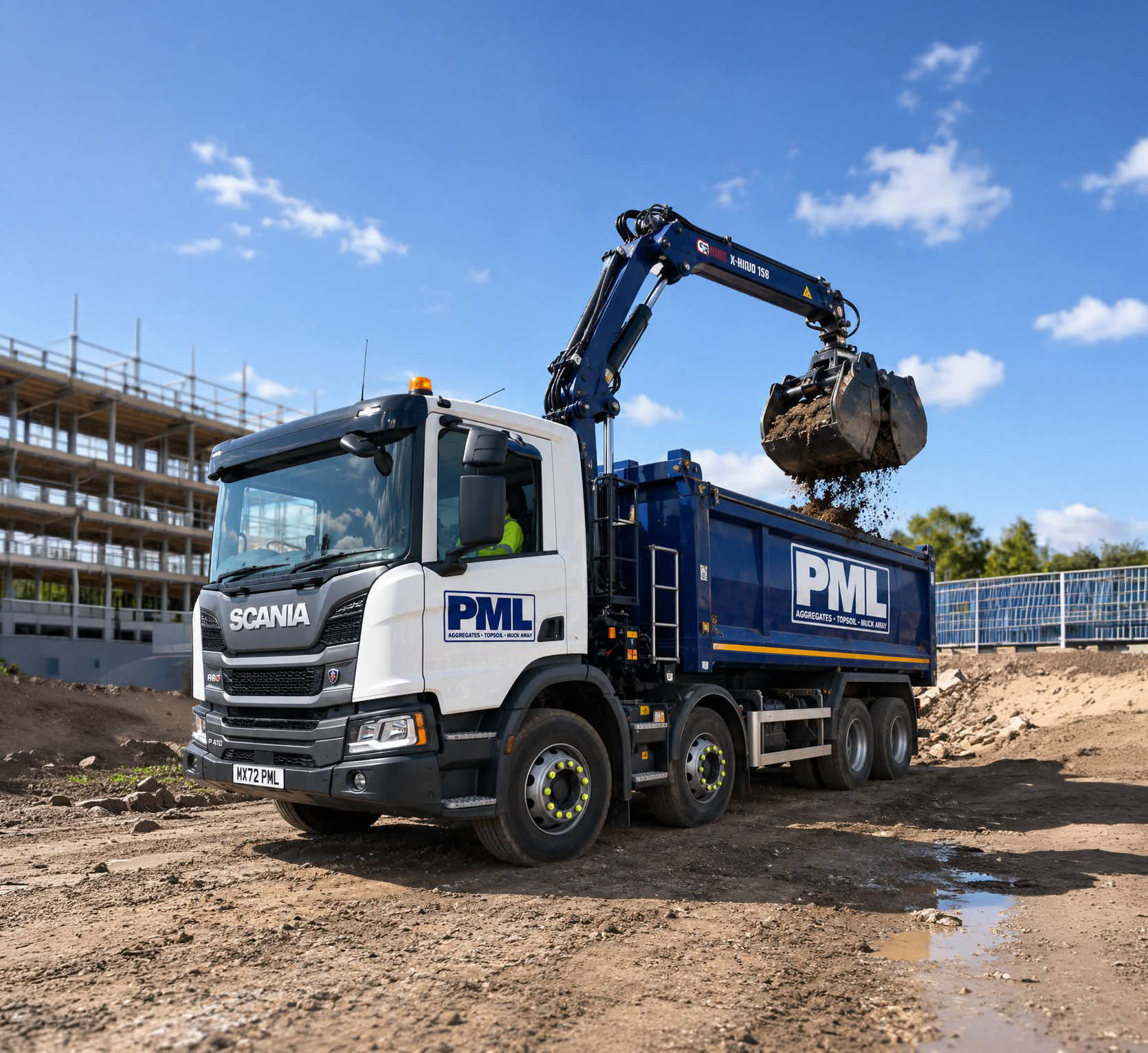 A white and blue construction dump truck with the PML logo on the side, actively dumping soil at a construction site under a blue sky with scattered clouds.