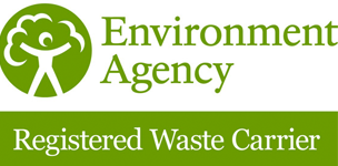 Logo of the Environment Agency showing a green tree and a person, with text 'Environment Agency' and 'Registered Waste Carrier' below.