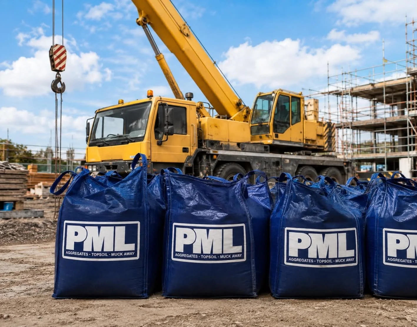 Construction site with yellow crane and building scaffolding, in the foreground are blue bags labeled 'PML', containing aggregates, topsoil, and muck away.
