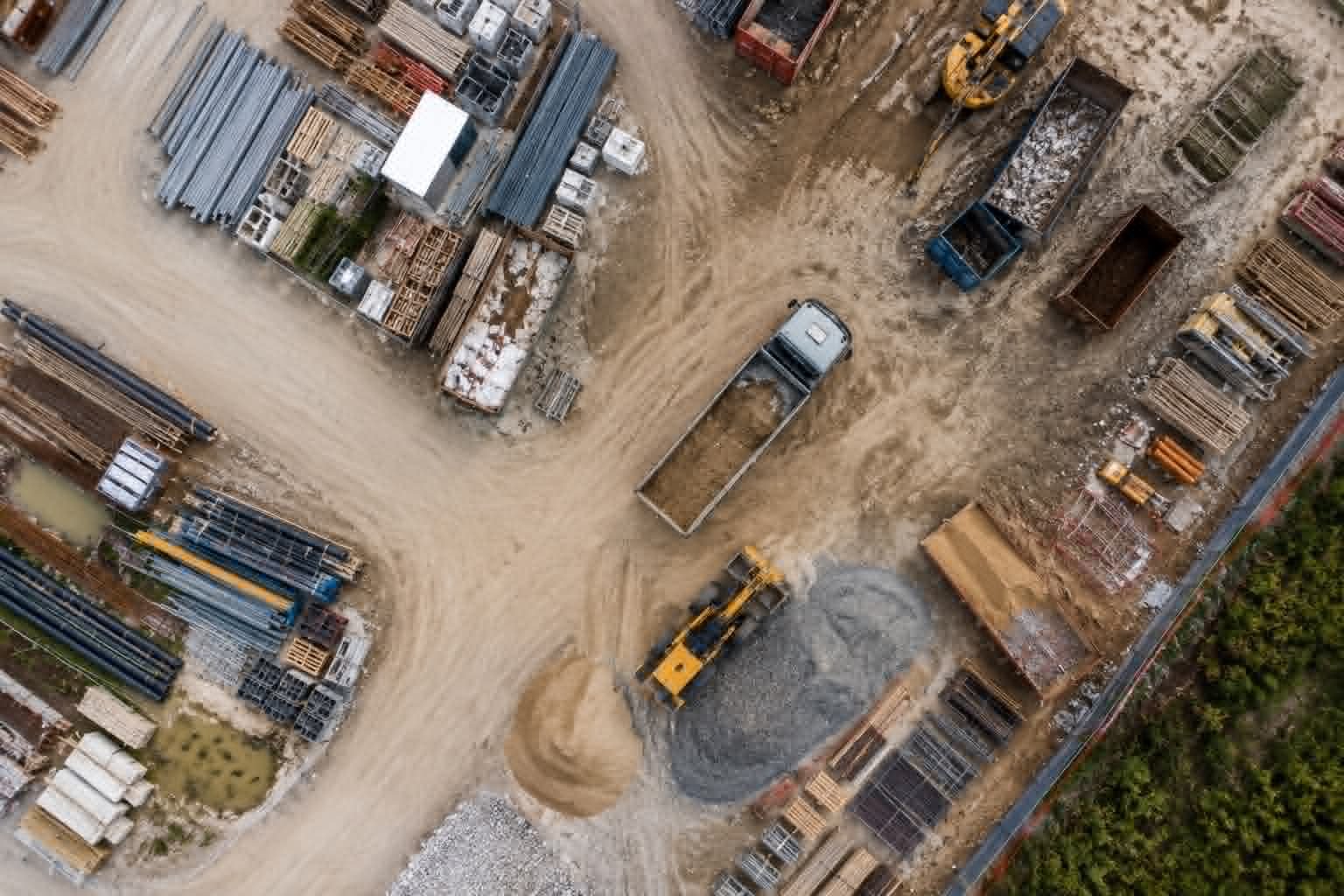 An aerial view of a construction site with dirt roads, construction materials, and equipment, including a yellow excavator and a dump truck.