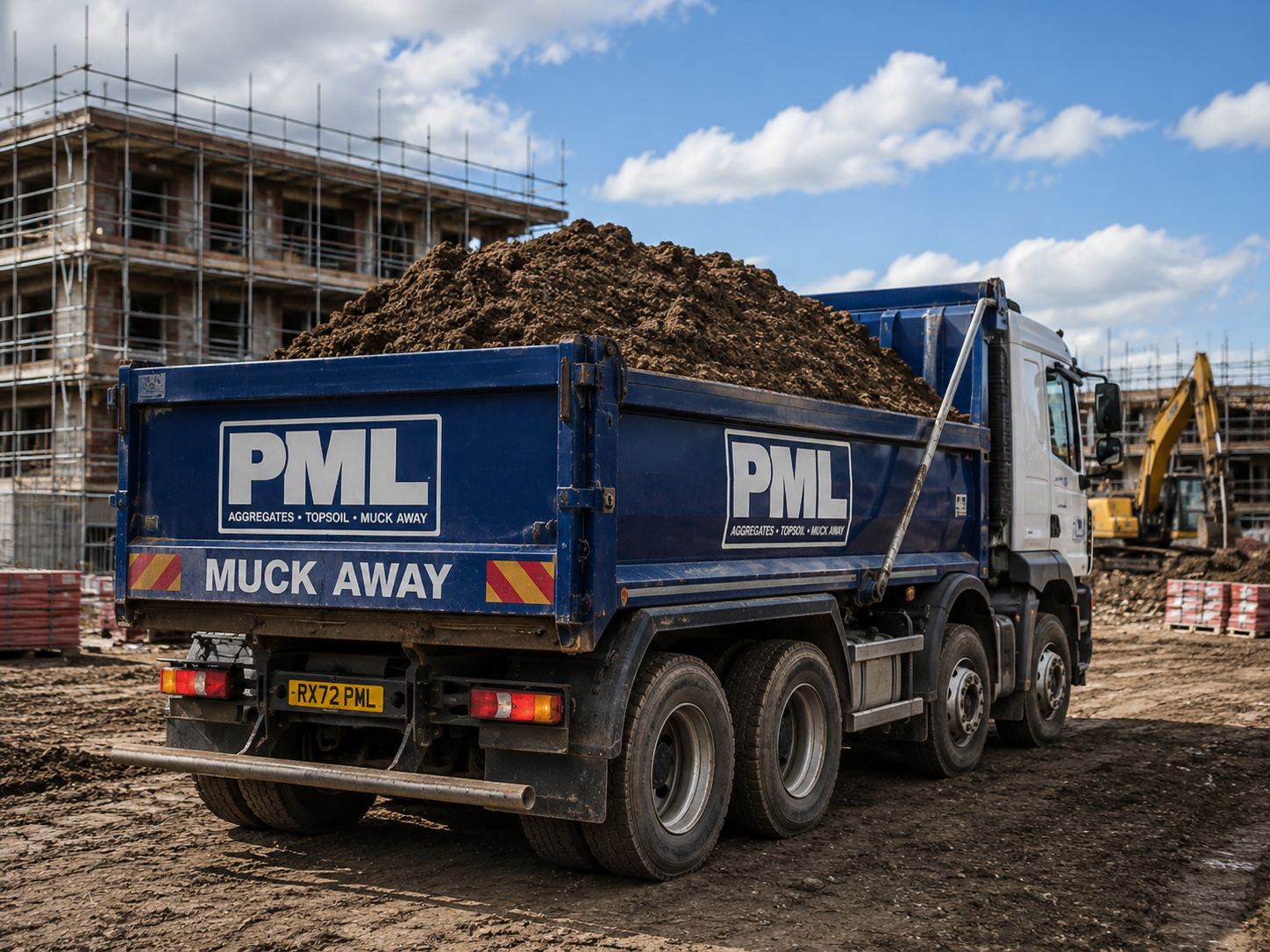 Blue dump truck with a Prospect Materials Ltd logo, loaded with dirt and rocks at a construction site, with a partially built structure and construction equipment in the background.