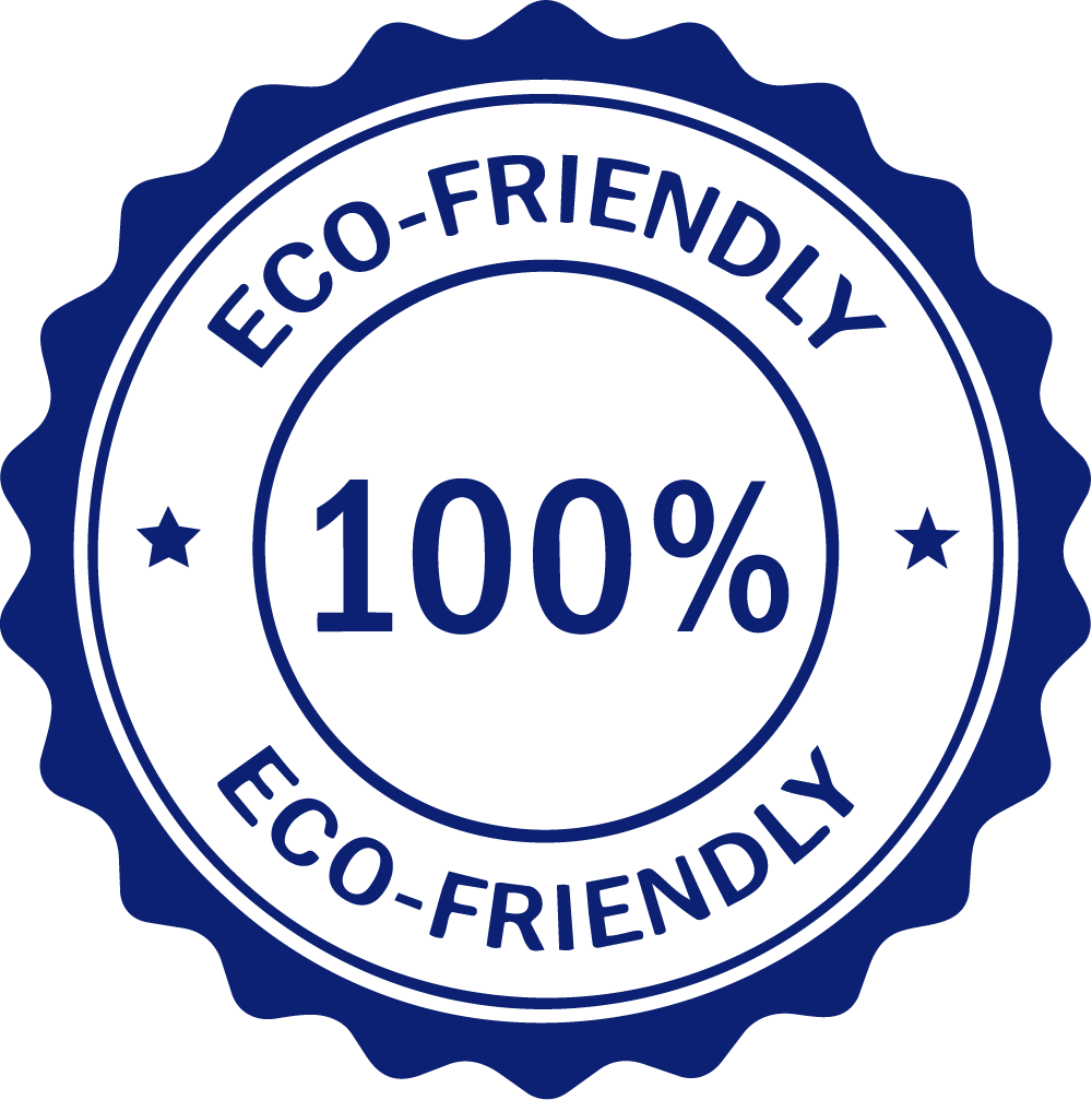 A circular badge with a scalloped edge, blue and white in color, reading "Eco-Friendly 100%" with the words "Eco-Friendly" repeated twice around the inner circle.