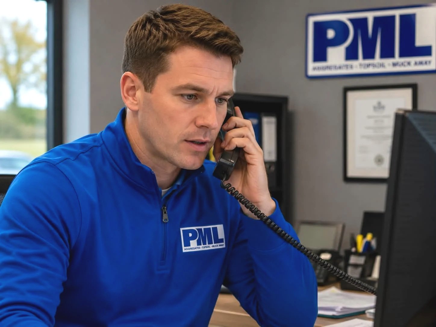 A man in a blue shirt with PML logo on it talking on the phone in an office setting. The wall behind him has a PML sign and framed certificates.