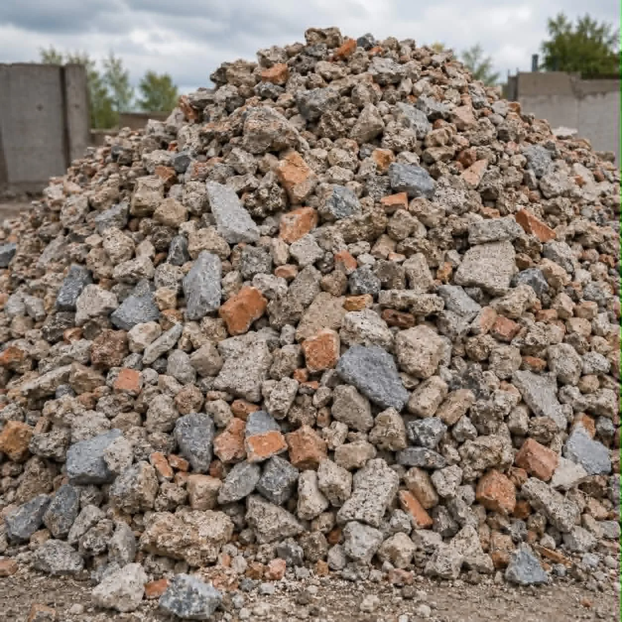 A large pile of gravel and small rocks outdoors with trees and buildings in the background.
