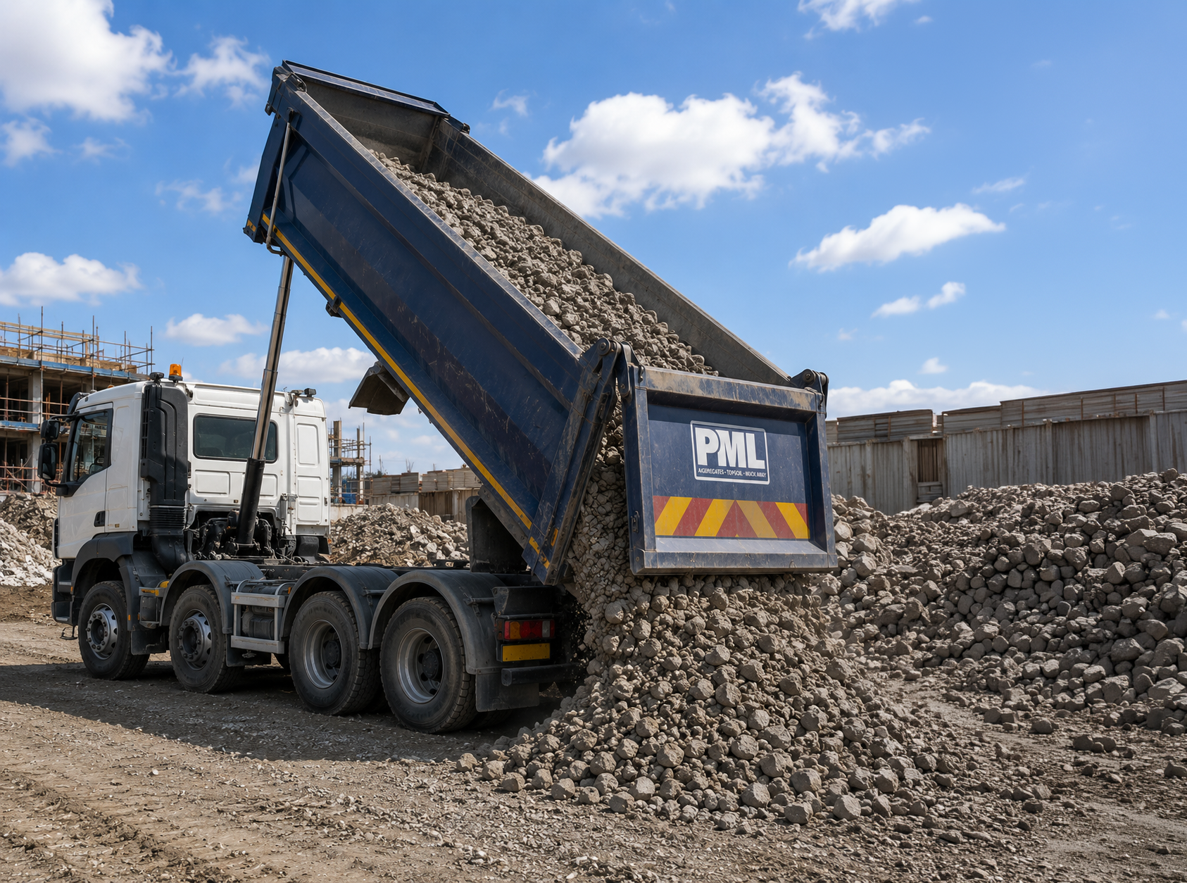 	
A 8 wheel tipper lorry unloading crushed concrete at a construction site on a sunny day with blue sky and scattered clouds.