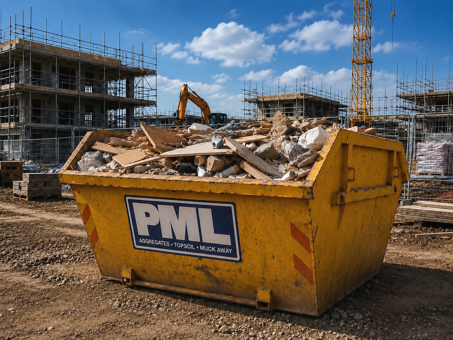 Construction site with a yellow skip container showing the Prospect Materials Ltd logo, filled with rubble, beside scaffolding, a crane and an excavator under a cloudy sky.