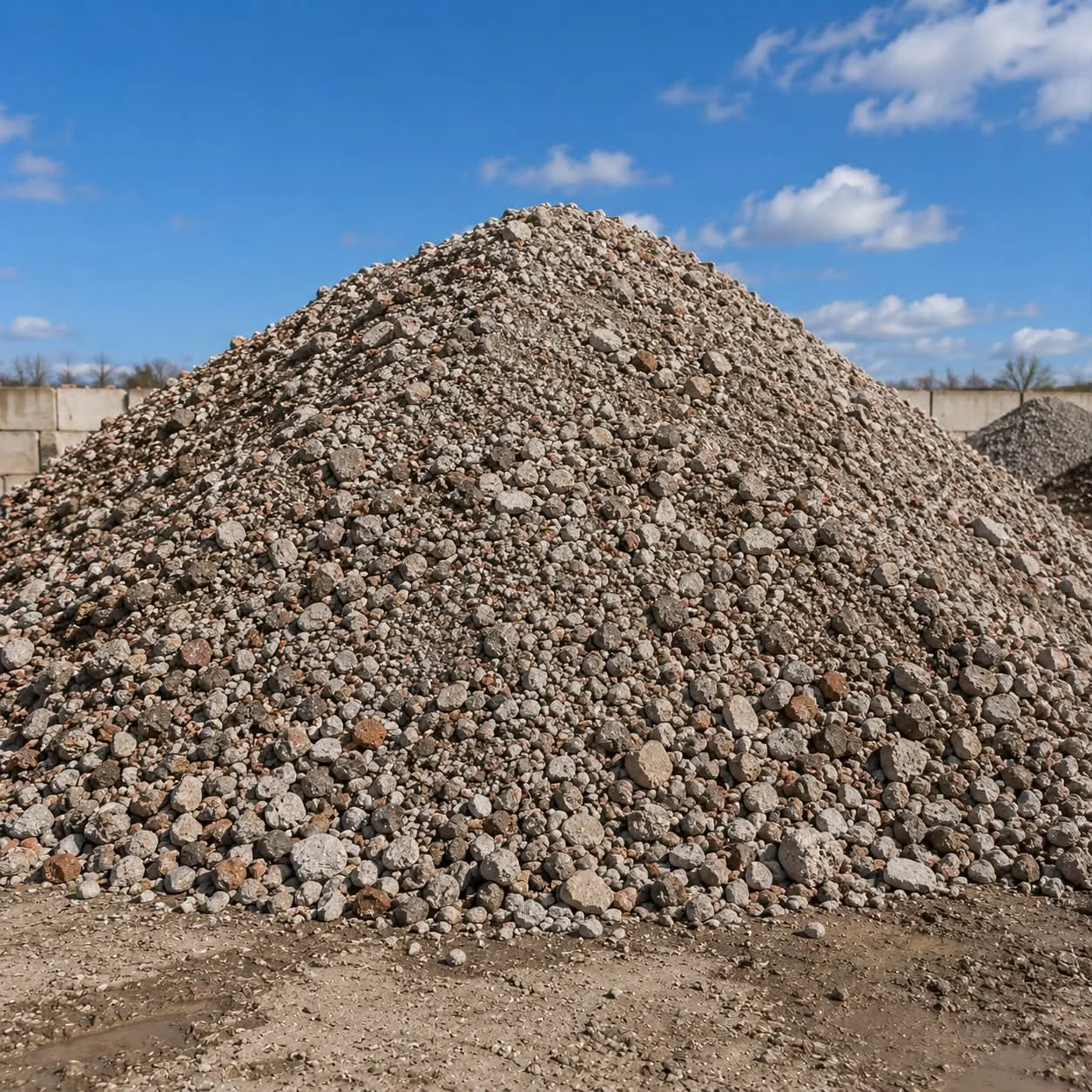 Pile of crushed concrete outdoors under a blue sky with scattered clouds.