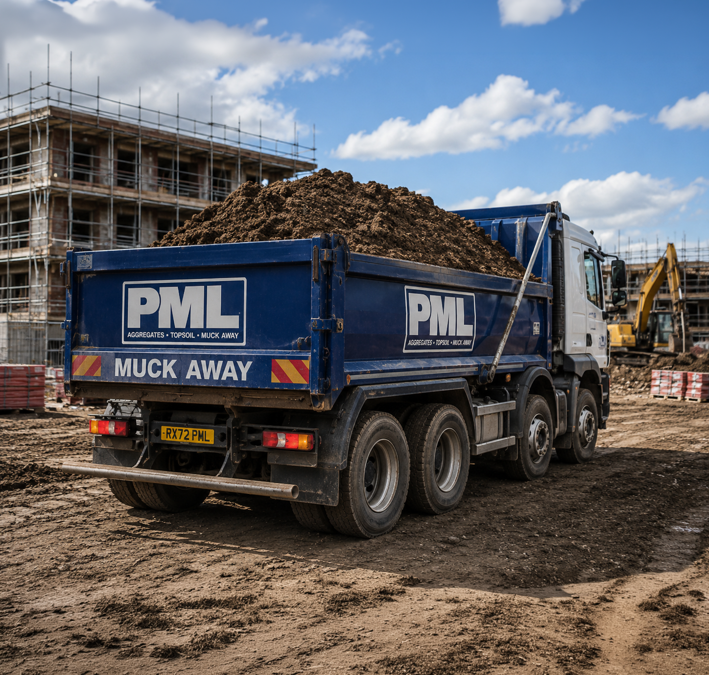 A blue dump truck loaded with dirt at a construction site, with buildings under construction and equipment in the background under a partly cloudy sky.