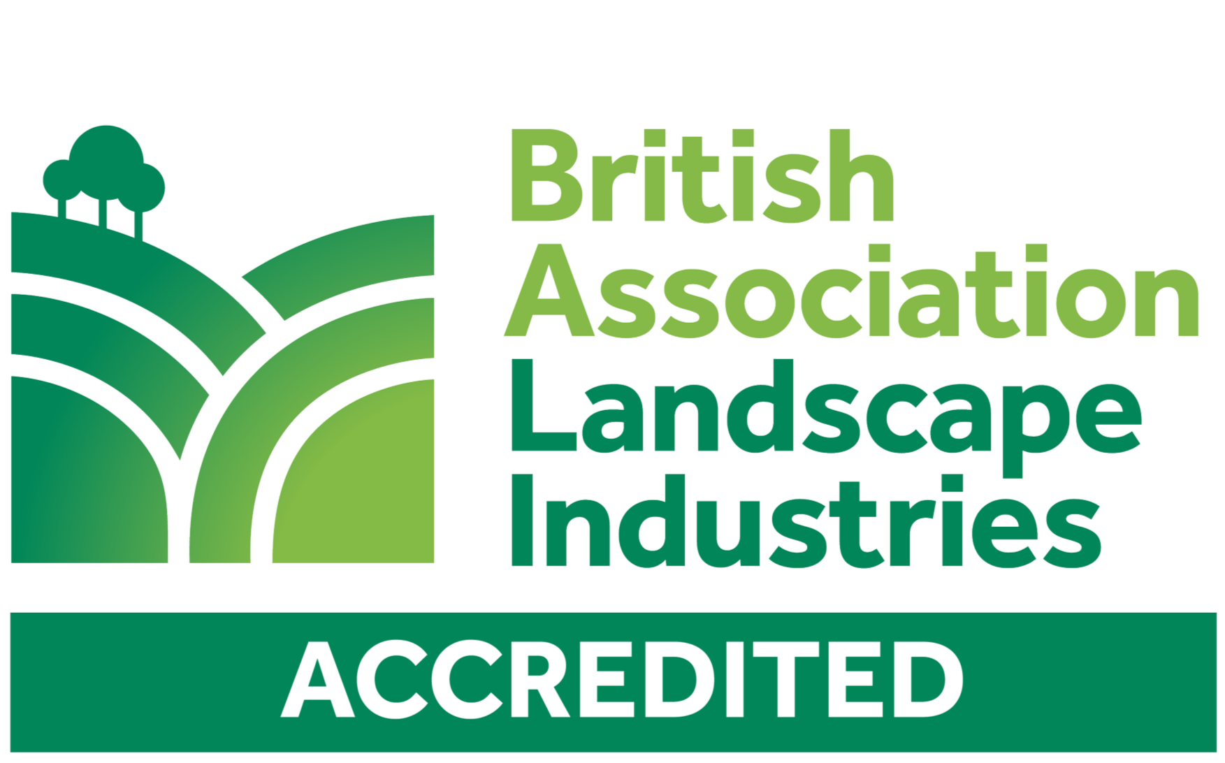 Logo of the British Association of Landscape Industries showing a stylized green landscape with trees and pathways, and text indicating accreditation status.