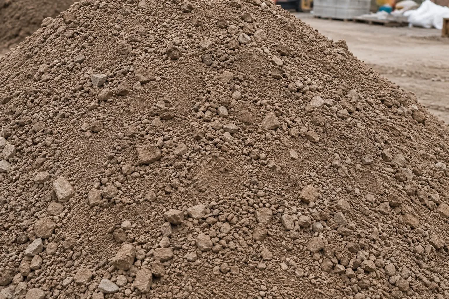 A large mound of primary aggregates on a construction site with some materials and equipment in the background.