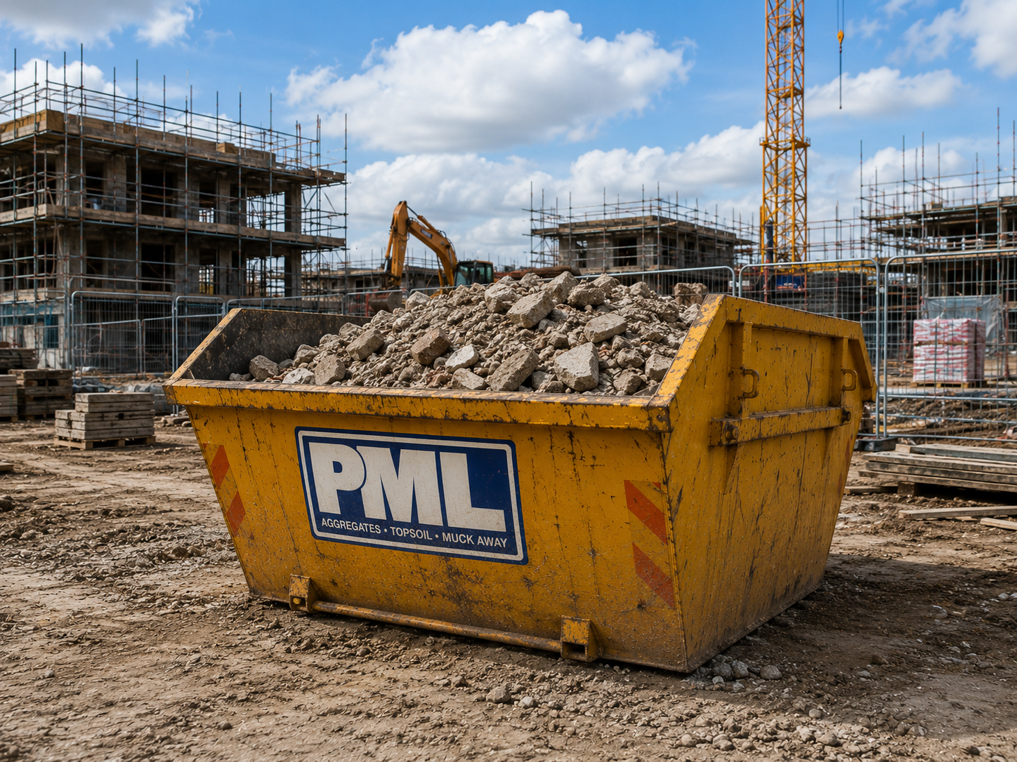 Construction site with a yellow skip container showing the Prospect Materials Ltd logo, filled with rubble, beside scaffolding, a crane and an excavator under a cloudy sky.