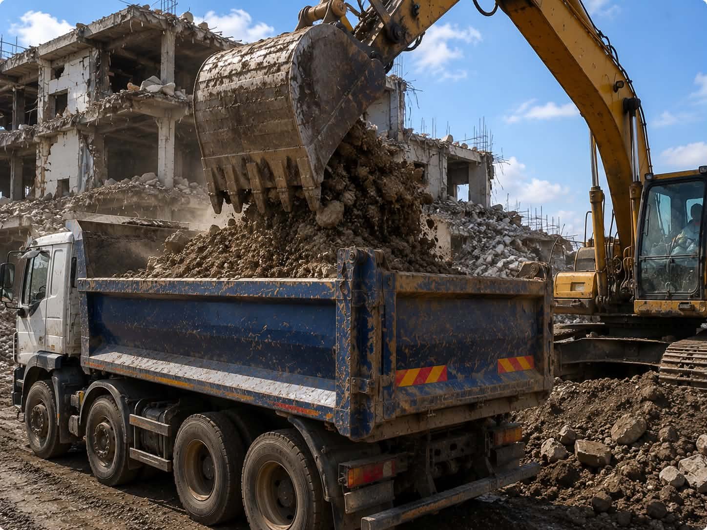 A construction site with a yellow excavator loading dirt into a blue dump truck under a partly cloudy sky.