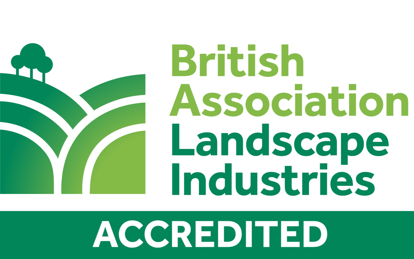 Logo of the British Association of Landscape Industries with a stylised landscape graphic of a tree and rolling hills, and the word "ACCREDITED" in white on a green background.